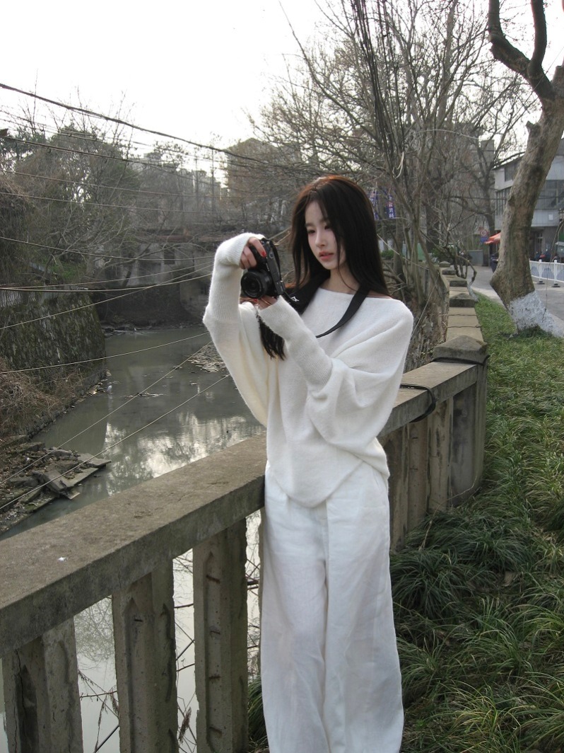 Real shot Lazy Bat Sleeve Irregular Thin Sweater Knitted Pullover Airy Full Cotton Wide Leg Pants Set 