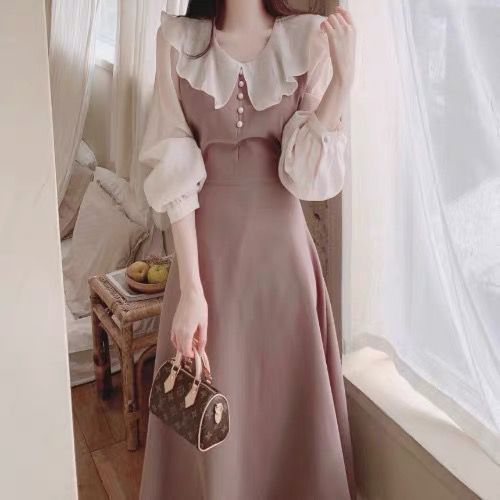 Pink doll collar fake two-piece dress spring plus size fat mm slimming French age-reducing temperament long dress tea break dress