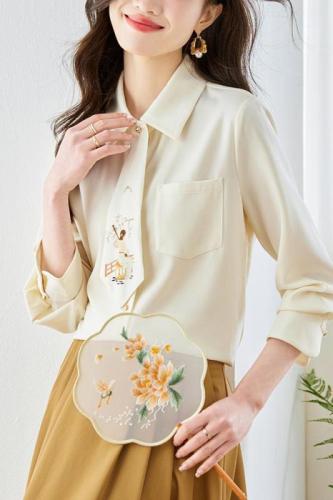 Already shipped Real shot of 2024 autumn new Chinese style shirt commuting versatile single-breasted new Chinese style printed shirt