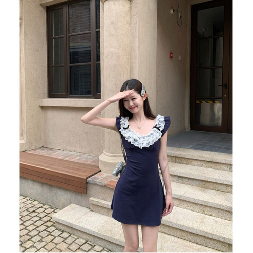 Official picture Lace splicing small flying sleeves dress women's summer French hottie waist-covering hip skirt temperament short skirt