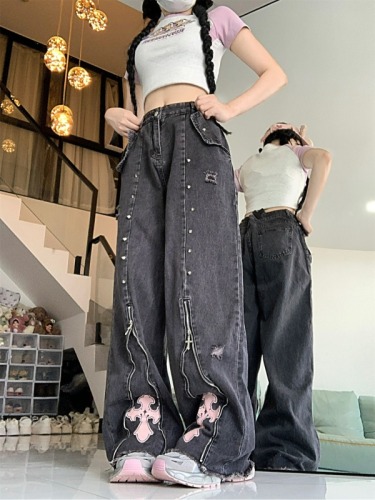 Actual shot ~ high street *** design niche punk subculture sweet and cool high-waisted straight jeans