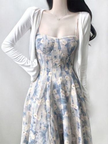 French oil painting blue floral suspender dress women's summer high-end temperament long skirt gentle wind fairy skirt