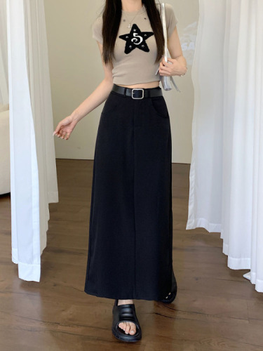 Actual shot~Korean style high-waist design slim suit skirt long A-line skirt skirt for women with belt