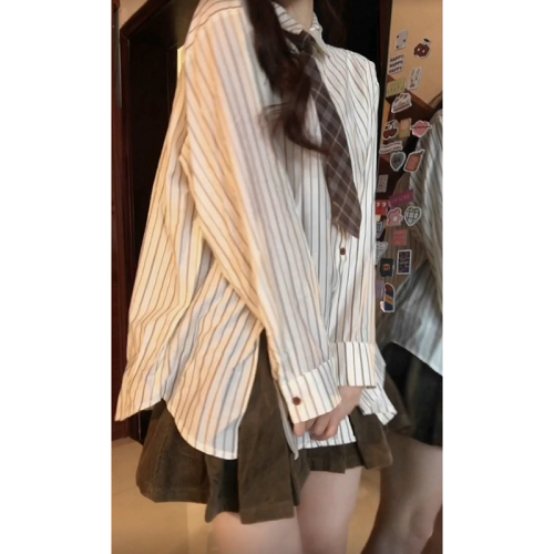 Original quality + tie dress shirt for women, French-style women's indie striped shirt