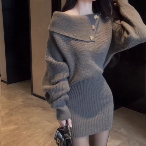 Knitted Dress Women's Autumn and Winter New Fashion Sweater Dress Design Sense Versatile Graceful Pencil Skirt 