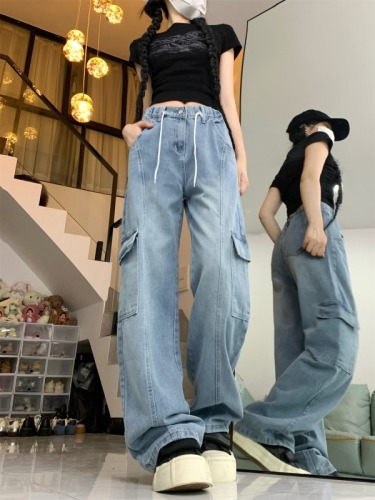 Actual shot ~ American retro overalls for women, high-waisted, slim, versatile, multi-pocket drawstring denim wide-leg pants