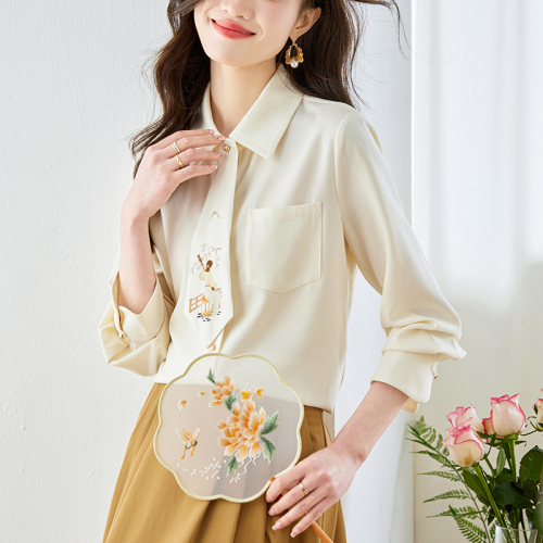 Already shipped Real shot of 2024 autumn new Chinese style shirt commuting versatile single-breasted new Chinese style printed shirt