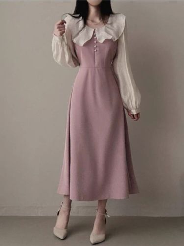 Pink doll collar fake two-piece dress spring plus size fat mm slimming French age-reducing temperament long dress tea break dress