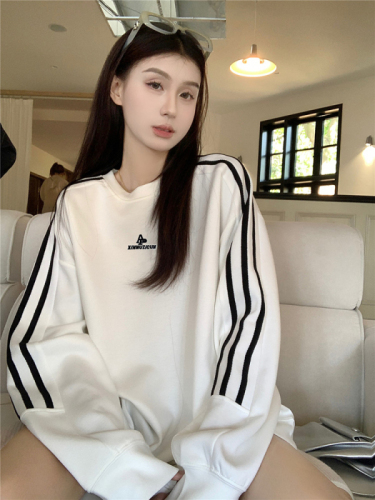 Back collar, non-pilling, cotton screw top, imitation cotton Chinese cotton composite 320g stripe embroidery autumn Korean style sweatshirt