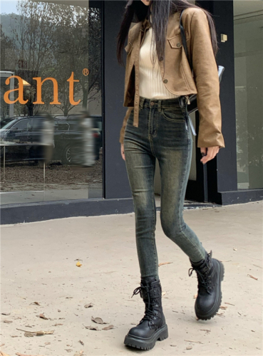 Real shot!  Retro American-style skinny jeans for women, versatile high-waisted, tight-fitting, slimming pencil pants