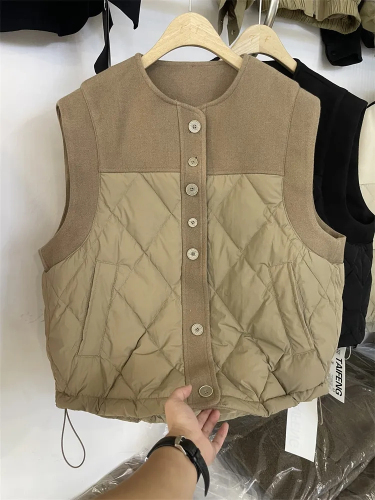 European Station 2024 Winter European Style Fashionable Round Neck Drop Shoulder Woolen Splicing Diamond Check Vest and Waistcoat