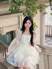 甜美蝴蝶結連衣裙女秋冬高級感氣質公主蓬蓬裙收腰小個子短裙