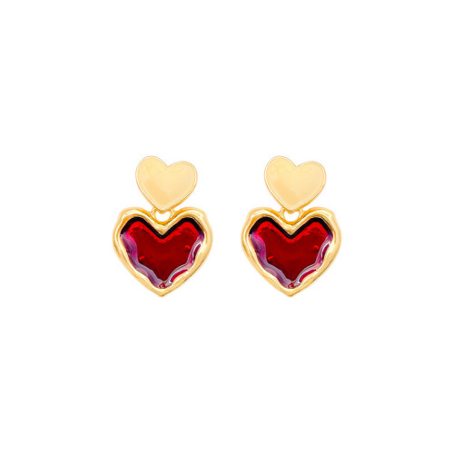 S925 silver needle light luxury niche high-end burgundy love earrings Hong Kong style retro versatile temperament peach heart earrings