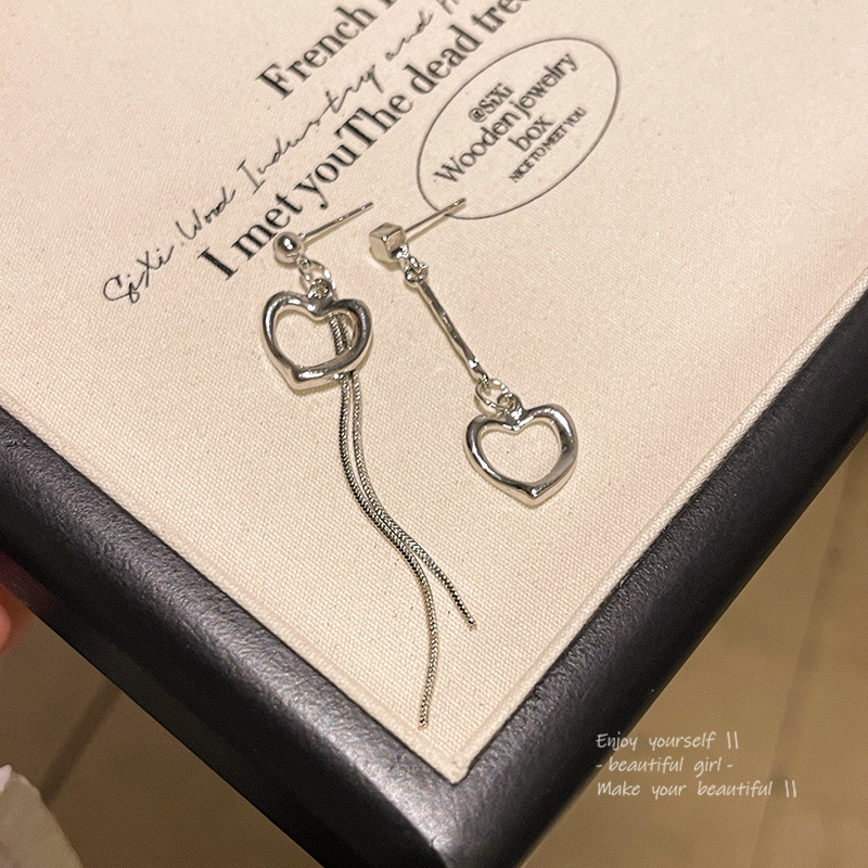 S925 silver needle light luxury niche asymmetrical long tassel earrings for women simple and versatile temperament love earrings earrings
