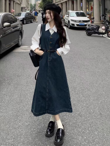 Suspender dress suit denim vest skirt women's autumn fragrance white shirt casual two-piece top