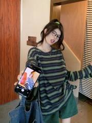 Real shot early spring striped loose slim long-sleeved T-shirt pure cotton college style top for women