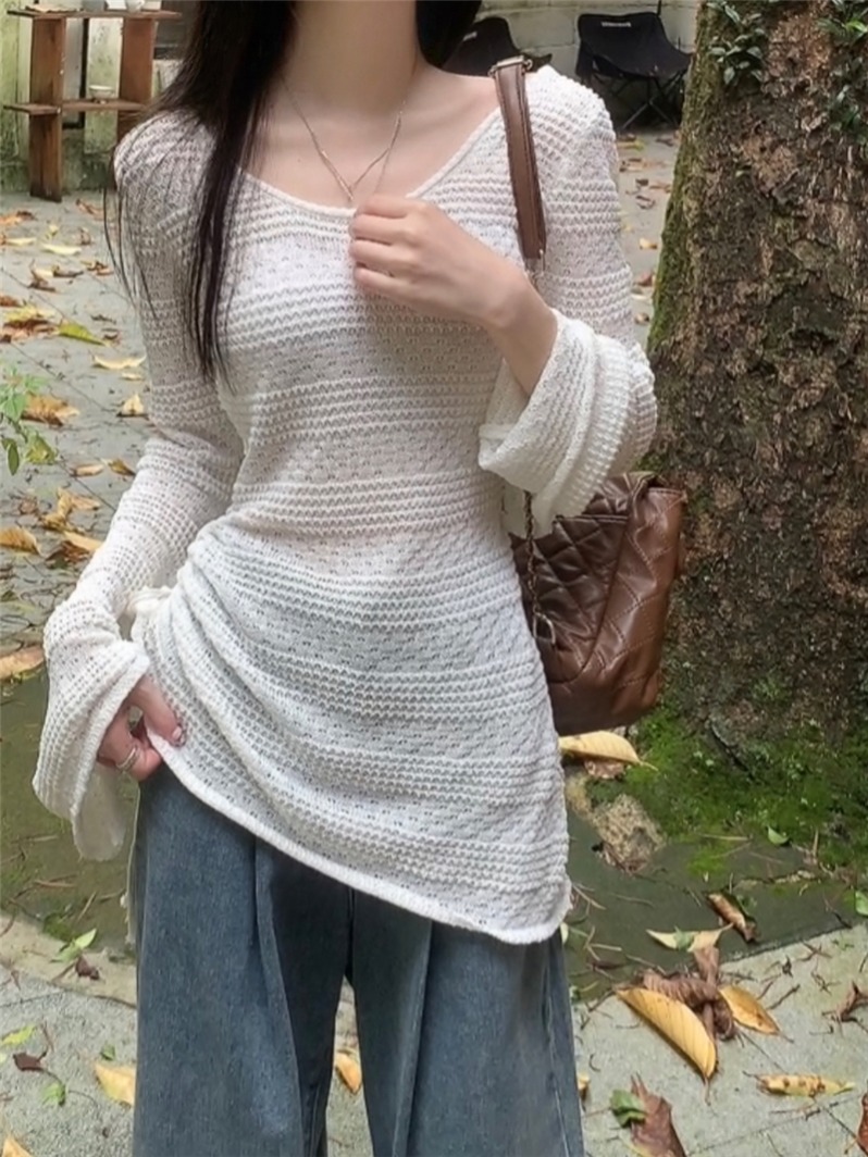 Real Shot Real Bell Sleeve Hollow Sunscreen Knitted Blouse Women's Summer Lazy Loose Waist Top