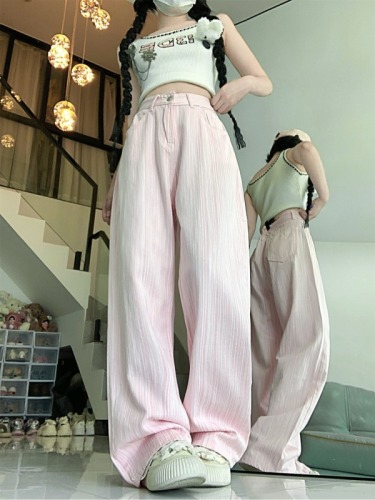 Actual shot ~ pink jeans women's niche straight pants design high waist wide leg floor mopping trousers