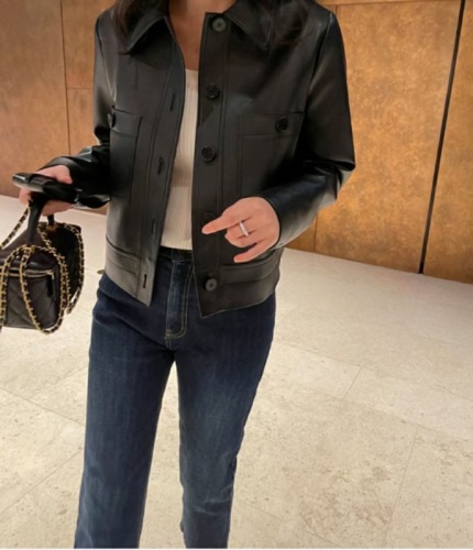 Korean chic simple temperament lapel casual single-breasted age-reducing loose short PU leather jacket leather jacket