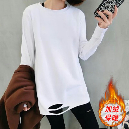 Plus velvet super popular autumn and winter new Korean style long-sleeved T-shirt with holes in the hem for women white inner bottoming shirt student top