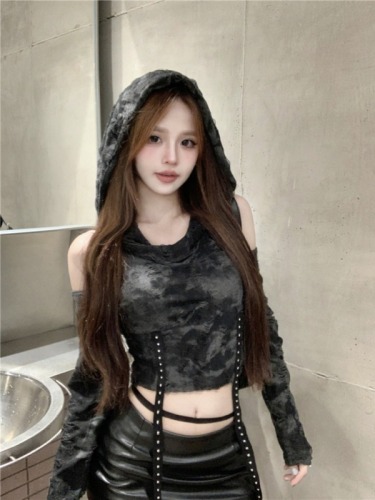 Actual shot ~ Doomsday wasteland style handmade frayed hooded long-sleeved T-shirt for women slimming high-waisted personalized short top