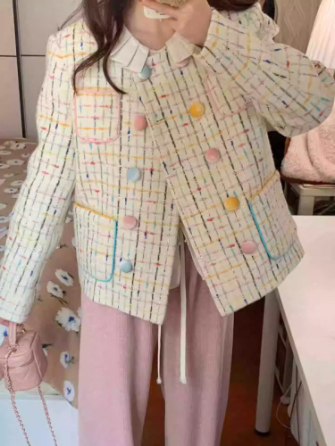 High-end small fragrant style short coat for women 2024 early autumn new loose colorful woven plaid jacket top