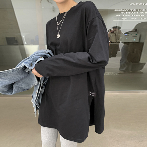 Fashionable ultra-hot thin style small shirt autumn new women's Korean style solid color slit long-sleeved T-shirt women's tops