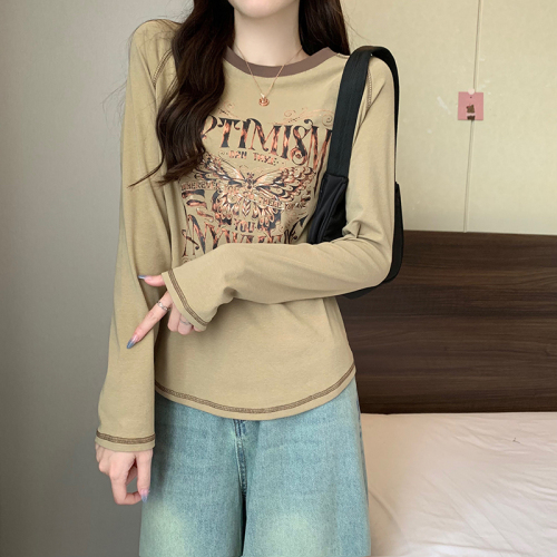 Real shot 1*1 thread 210g bottoming shirt for women spring and autumn top-stitched round neck thin short top long-sleeved T-shirt