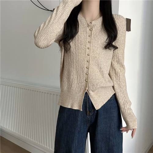 Actual shot~Early autumn simple twist round neck loose knitted cardigan sweater for women