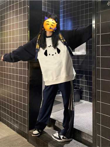 Imitation cotton Chinese cotton composite milk silk 300g silver fox velvet 400g raglan splicing round neck printed sweatshirt