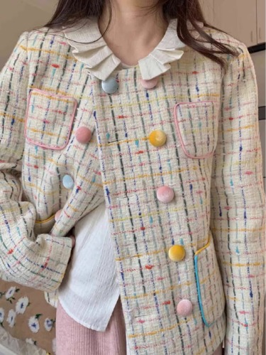 High-end small fragrant style short coat for women 2024 early autumn new loose colorful woven plaid jacket top