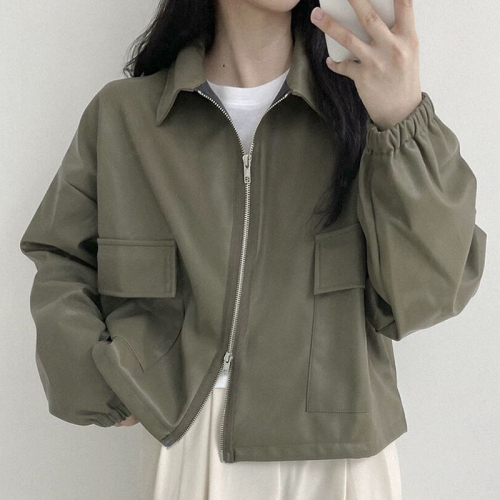 Korean chic summer retro Hong Kong style stand-up collar zipper design loose casual versatile long-sleeved short coat for women