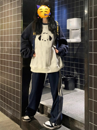 Imitation cotton Chinese cotton composite milk silk 300g silver fox velvet 400g raglan splicing round neck printed sweatshirt