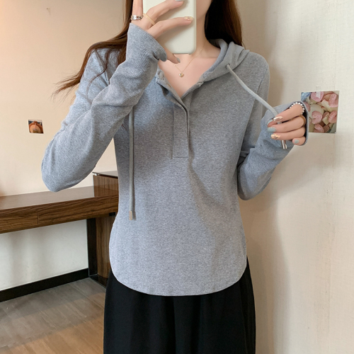 Real shot original quality long-sleeved t-shirt for women spring and autumn thin 2024 trendy bottoming shirt solid color hooded top large size women's clothing