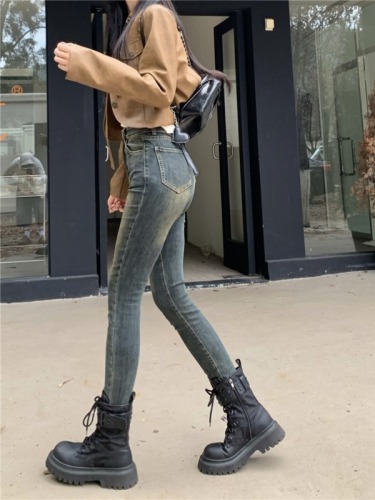 Real shot!  Retro American-style skinny jeans for women, versatile high-waisted, tight-fitting, slimming pencil pants