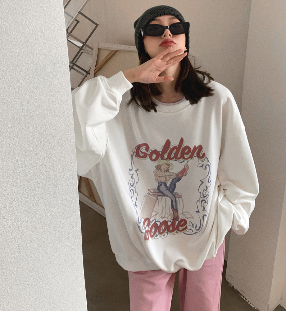 Actual shot of 2024 new autumn retro pattern letter printed sweatshirt women's loose pullover mid-length top trendy