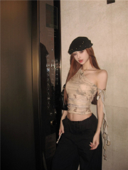 40D mesh has been shipped. American hot girl graffiti printed slanted shoulder T-shirt for women summer sleeveless vest.