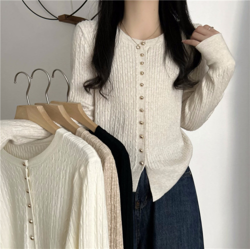 Actual shot~Early autumn simple twist round neck loose knitted cardigan sweater for women