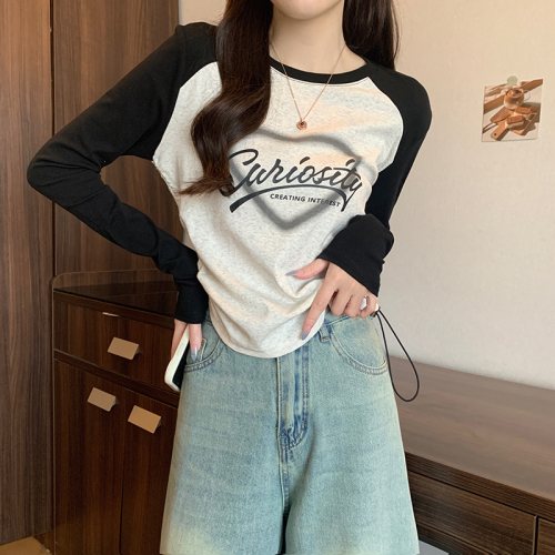 Real shot 1*1 threaded fleece 260g bottoming shirt for women spring and autumn raglan sleeve thin short top long sleeve t-shirt