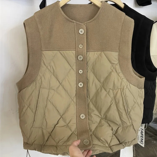 European Station 2024 Winter European Style Fashionable Round Neck Drop Shoulder Woolen Splicing Diamond Check Vest and Waistcoat