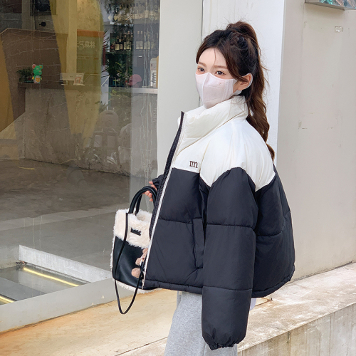 2024 New Down Cotton Jacket Women Korean Style Small Bread Jacket Loose Color Block Stand Collar Cotton Jacket