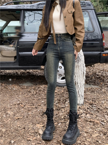 Real shot!  Retro American-style skinny jeans for women, versatile high-waisted, tight-fitting, slimming pencil pants