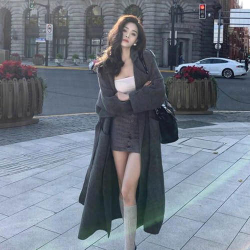 Korean style gray lazy temperament long knitted sweater coat autumn and winter new loose versatile medium-length coat