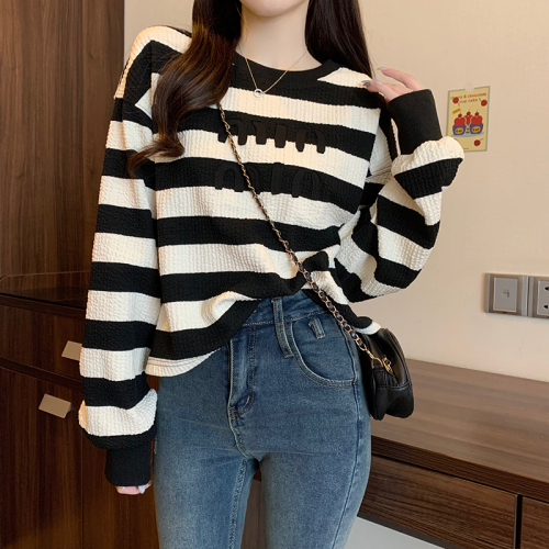 Real shot puff check sweatshirt for women spring and autumn thin pattern round neck 2024 trendy long-sleeved T-shirt tops large size women's clothing 200 pounds