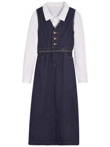 Suspender dress suit denim vest skirt women's autumn fragrance white shirt casual two-piece top