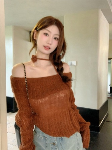 Real shot of autumn new hollow pullover sweater retro long-sleeved niche lazy style one-shoulder sweater for women