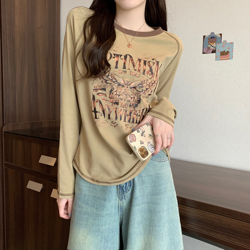 Real shot 1*1 thread 210g bottoming shirt for women spring and autumn top-stitched round neck thin short top long-sleeved T-shirt