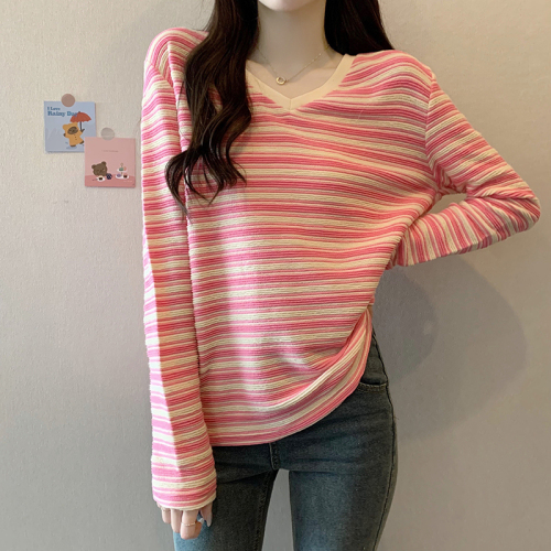 Real shot 300g striped bottoming shirt for women spring and autumn trendy thin short style trendy 2024 Korean version V-neck top long-sleeved T-shirt