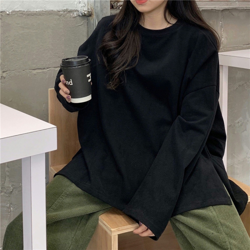 Super hot thin slit solid color long-sleeved T-shirt women's fashion bottoming shirt Korean style trendy student outer wear loose top