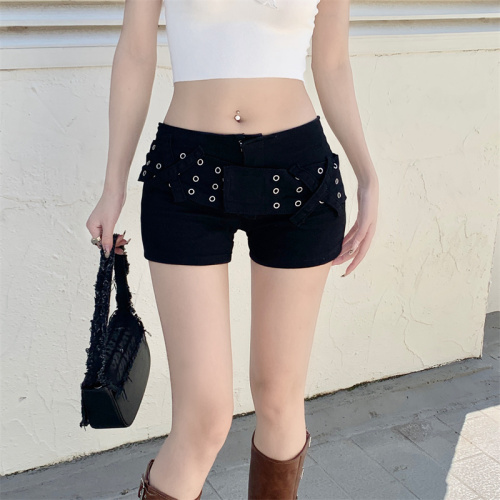 Real shot of eyelet wide belt, low waist, elastic butt-covering hot girl’s new denim shorts for women